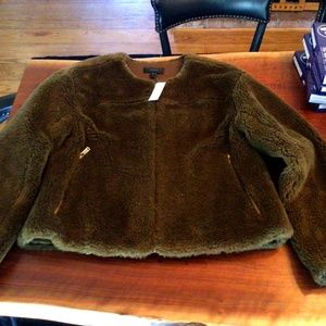 J Crew Faux Fur Teddy Bear Jacket Never Worn Olive Green Mid 2010’s Size M